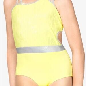 Double Platinum Girls One Shoulder Performance Leotard Yellow silver CL NWT